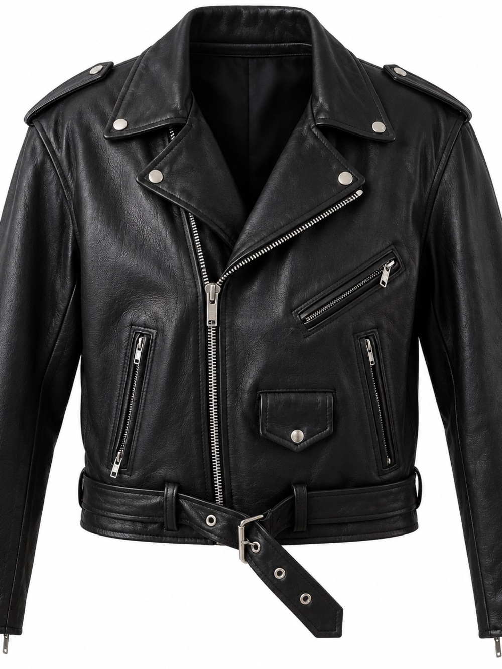 Men's Black Leather Moto Bomber Jacket - Classic Biker Style